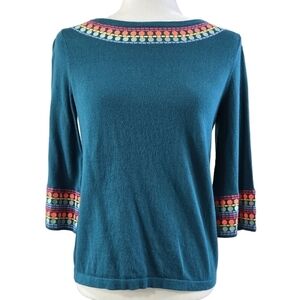 Boden 100% Cotton Teal Blue Embroidered 3/4 Flare Sleeve Knit Top Boho K0313